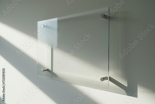 Blank transparent glass signboard on wall mockup. Empty hanging plexiglass name plate mockup. Clear namesign on wall for corporate or store. Generative AI illustration. Generative AI