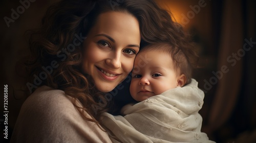 Joyful and beautiful mother cradles her baby lovingly in her arms.