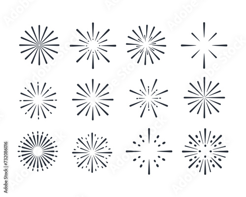 Sunburst set. Starburst ray or firework design elements. Vector illustration
