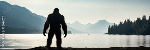 Bigfoot's silhouette at the edge of the lake photo