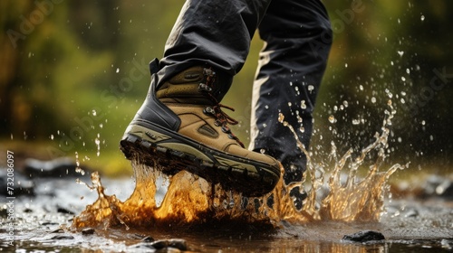While hiking in wet weather, a trekking boot strikes a puddle, causing a splash of water.