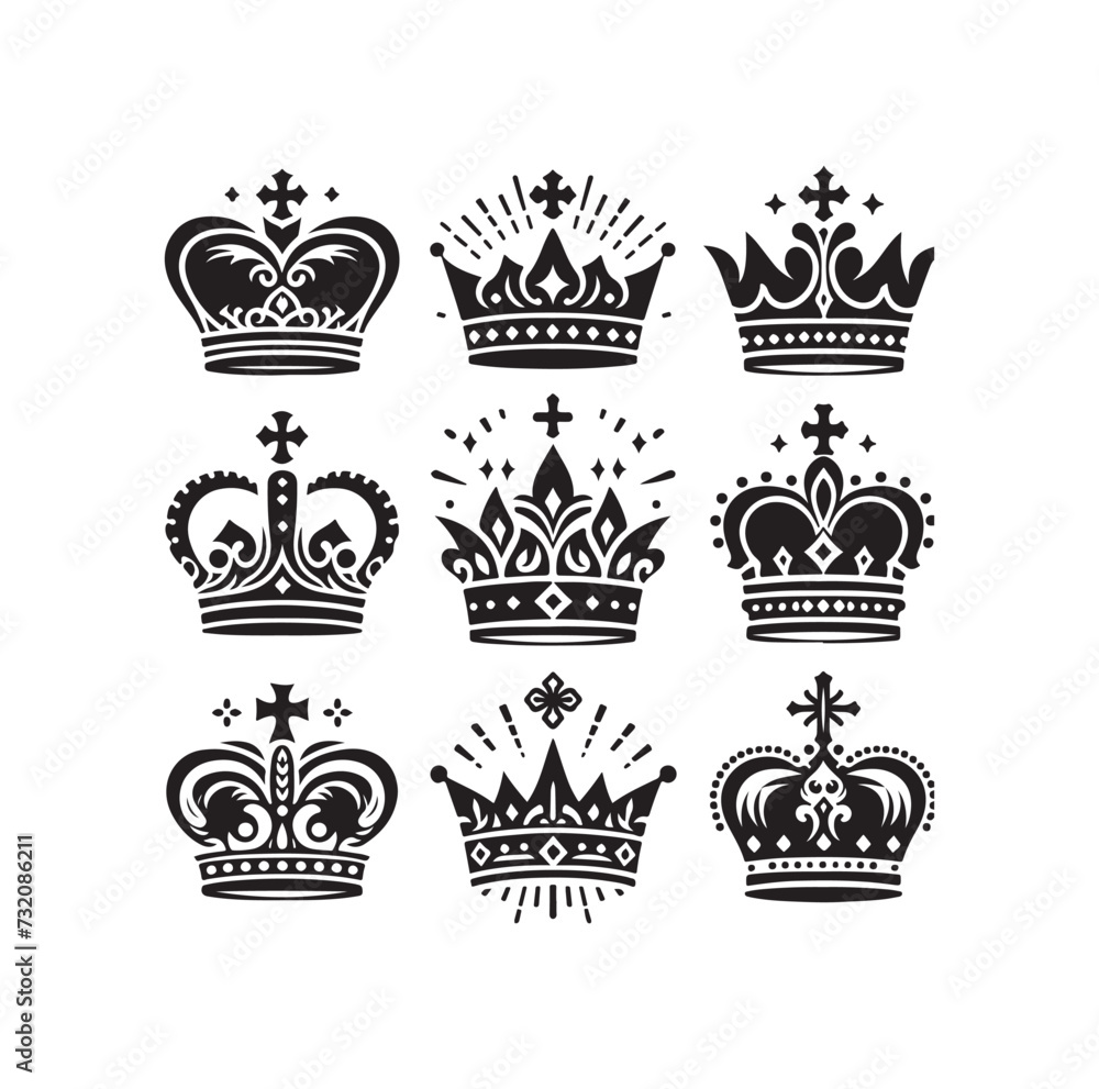 Fototapeta premium Kings crown icon set vector illustration silhouette style