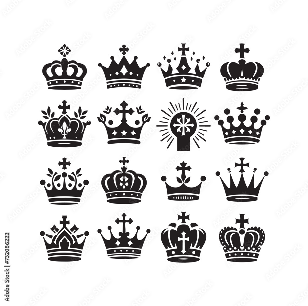 Kings crown icon set vector illustration silhouette style Kings crown icon set vector illustration silhouette style