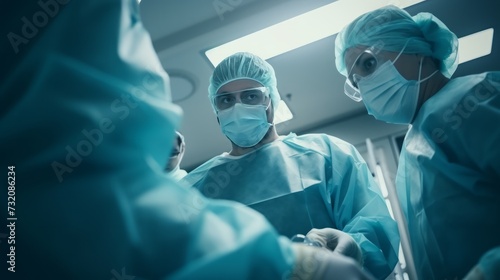 From a low angle, four surgeons coordinate their procedures in the operating room, demonstrating teamwork and cooperation.