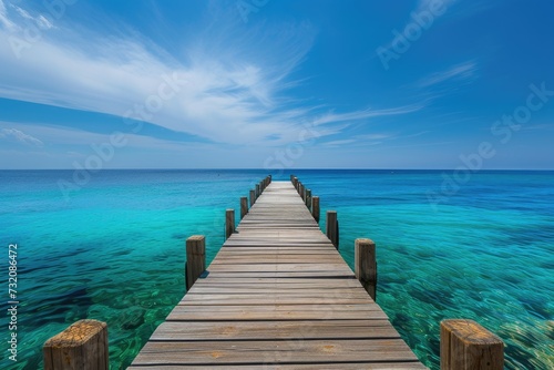 a wooden dock leading out to a clear blue sea