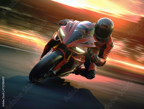 Man on a motorbike at high speed leaning in the curve. Racing sport. Motogp championship. Silhouette on road on a moto competing for championship. Circuit track Background poster photo