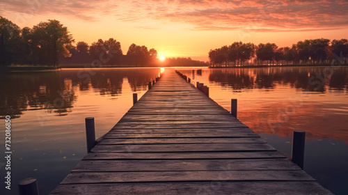 A serene lakeside scene at dusk as smoke drifts over the calm waters