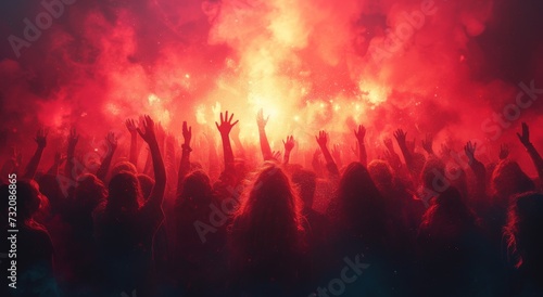 A mesmerizing display of jubilation and danger, as a group of people surrender to the intense heat and dazzling bursts of color from the outdoor fireworks show, surrounded by swirling smoke and a bri photo