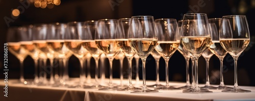 Multiple champagne glasses arranged on a table.