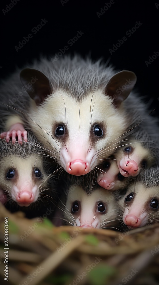Photograph of an opossum with its babies, depicting a family of opossums.