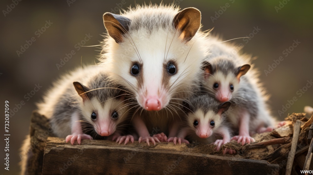Photograph of an opossum with its babies, depicting a family of opossums.