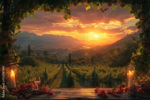 A peaceful evening in nature, the afterglow of a sunset illuminating a vineyard with a stunning mountain backdrop, where wine glasses and grapes sit on a table under a sky painted with clouds and the © familymedia
