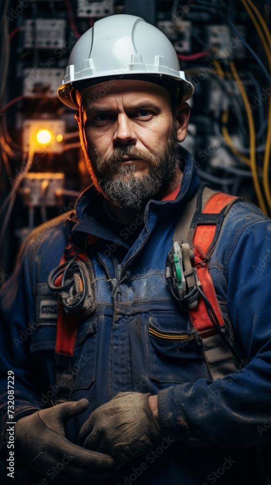 Image of an electrician standing beside an electric transformer. Image of an electrician standing beside an electric transformer.
