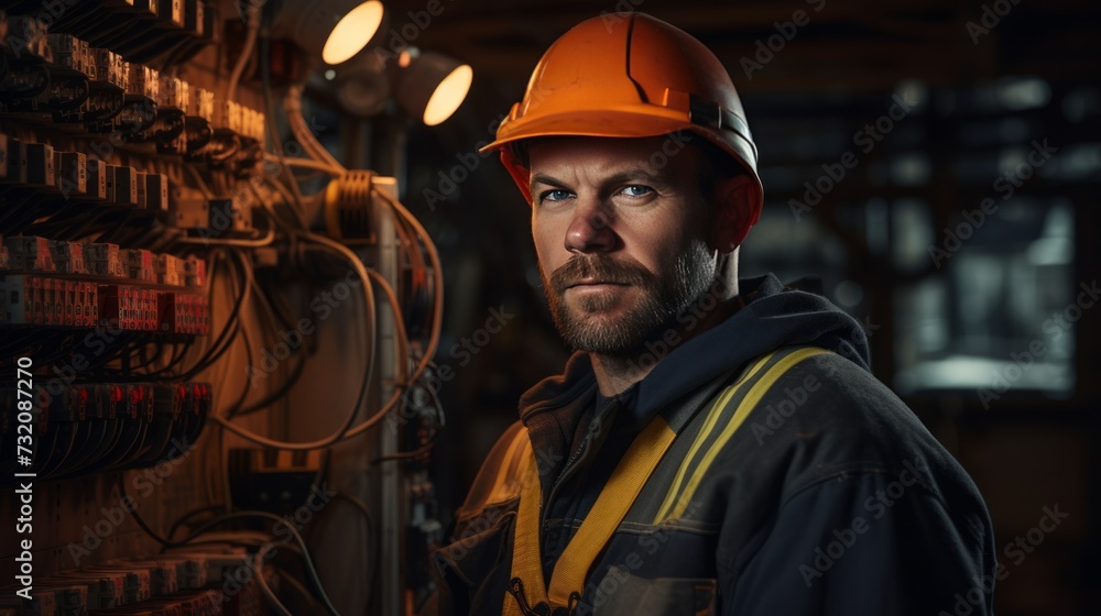 Image of an electrician standing beside an electric transformer. Image of an electrician standing beside an electric transformer.