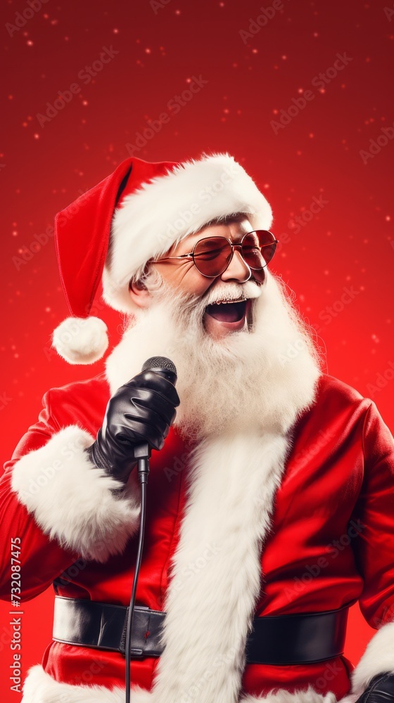 Santa Claus enjoys karaoke, singing into a microphone against a red backdrop, leaving room for text. Santa Claus enjoys karaoke, singing into a microphone against a red backdrop, leaving room for text.