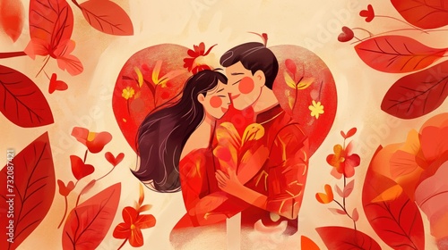 A romantic illustration of a couple embraced in a heart-shaped flora, basking in the warmth of love, design, art, vibrant, passion, unity, affection, relationship, 