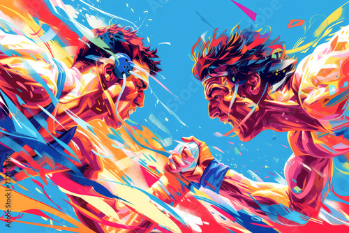 Wrestlers in action in the arena over blue, white and red background. Paris 2024. Sport illustration.