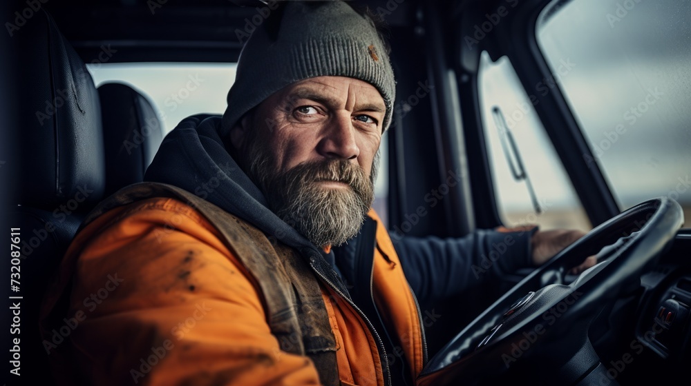 A determined truck driver focuses intently on the road during his journey. A determined truck driver focuses intently on the road during his journey.