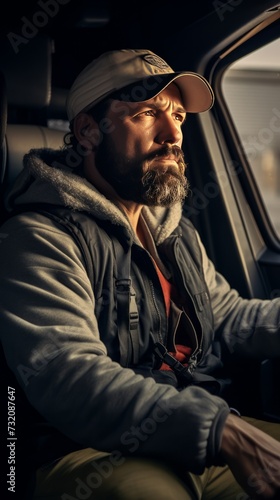 A determined truck driver focuses intently on the road during his journey. © vadymstock