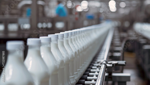 Row of milk bottles on a conveyor belt at a dairy processing plant. Bottles filled with milk are ready for packaging or distribution. Conveyor of an automated production line © BraveSpirit