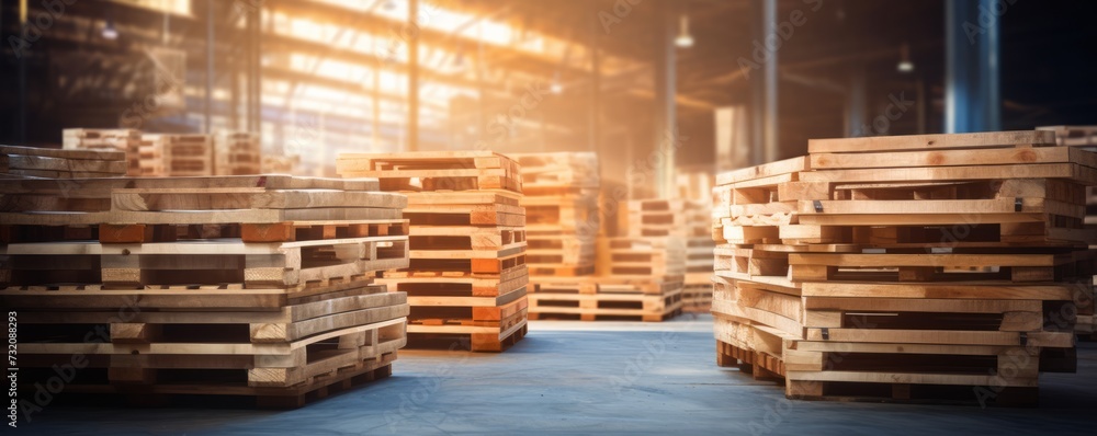 Wooden pallets stored for transportation and logistics in a warehouse, with copy space available. Wooden pallets stored for transportation and logistics in a warehouse, with copy space available.