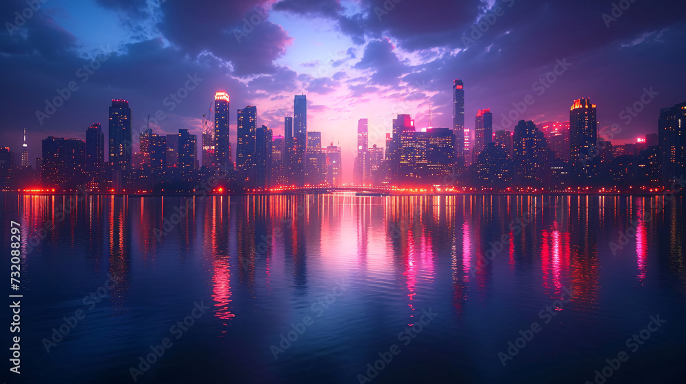 A vibrant city skyline at sunset with skyscrapers and colorful sky reflected on water, suitable for urban design use.