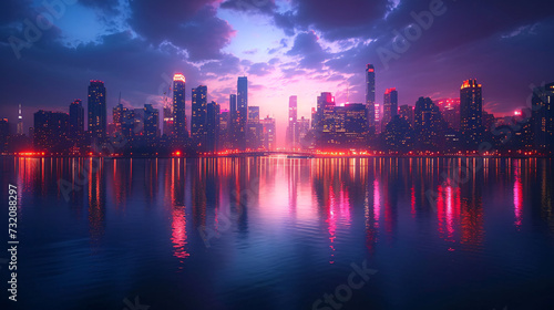 A vibrant city skyline at sunset with skyscrapers and colorful sky reflected on water, suitable for urban design use. © Ash