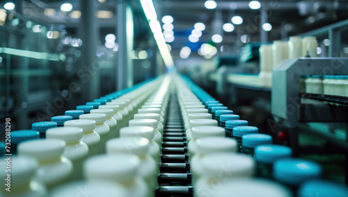 Row of milk bottles on a conveyor belt at a dairy processing plant. Bottles filled with milk are ready for packaging or distribution. Conveyor of an automated production line