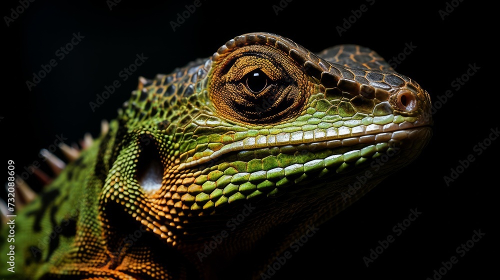 Obraz premium Close-up portrait of a reptile captured with a top-quality camera lens, isolated against a black background.