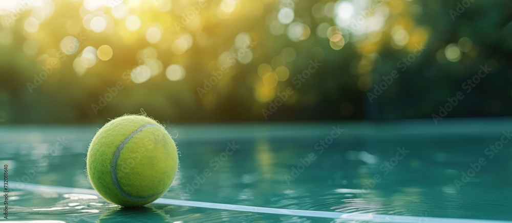 Close up a tennis ball with shadow on outdoor tennis court blur background. AI generated image