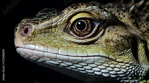 Close-up portrait of a reptile captured with a top-quality camera lens  isolated against a black background.