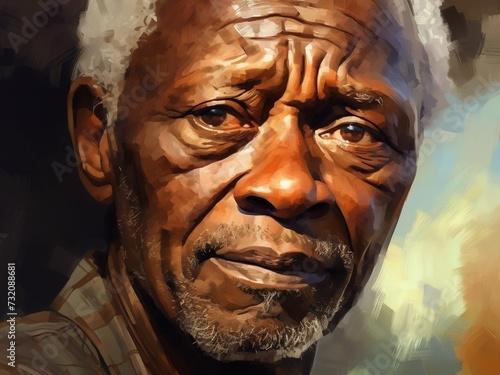 An impressionistic painting style depicting the natural beauty of an African American older man, his masculine, well-defined face, and his encouraging and kind eyes