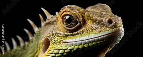 Close-up portrait of a reptile captured with a top-quality camera lens  isolated against a black background.