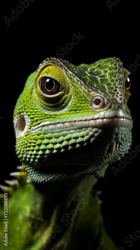 Close-up portrait of a reptile captured with a top-quality camera lens, isolated against a black background. © vadymstock