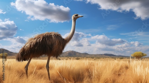 An ostrich stands in a field of dry grass with a blue sky and clouds in the background.
