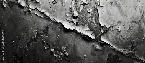 Black and white image featuring a textured metal surface with scratches and cracks.