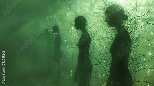 Fotografia Ethereal Figures Emerging from a Misty Green Forest Scene