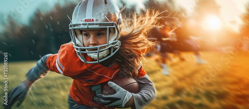 Portrait of young girl American football player running with ball in a match. AI generated