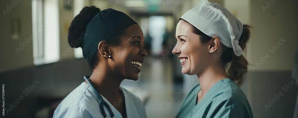 A woman patient shares a smile with a female nurse. - obrazy, fototapety, plakaty 
