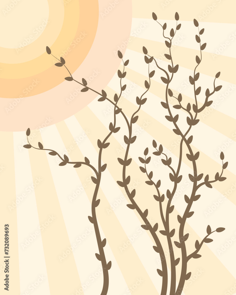 Spring landscape, tree branches against the sky and the sun. Illustration, poster, vector Spring landscape, tree branches against the sky and the sun. Illustration, poster, vector