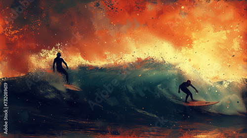 Painting of Two People on Surfboards Riding a Wave