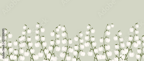 Seamless border, spring flowers lilies of the valley. Spring background with copy space. Illustration, template, print, vector