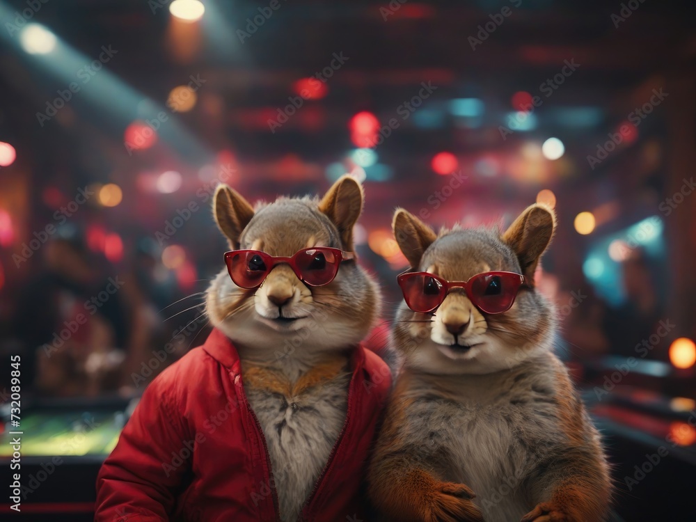 Two squirrels with red glasses in a disco. Generated with AI