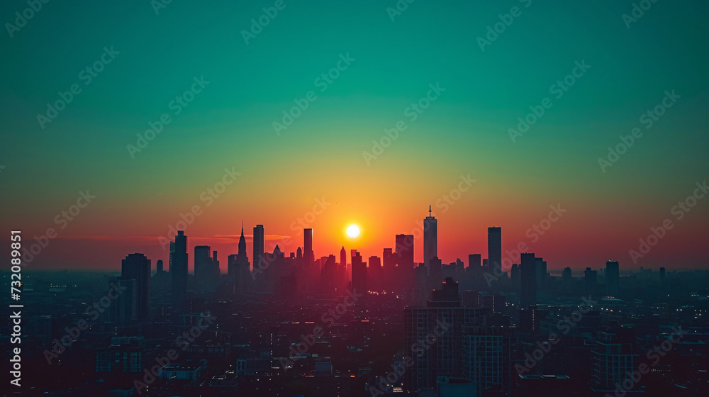 City skyline at sunset with warm orange and teal hues, ideal for travel or architecture backgrounds.