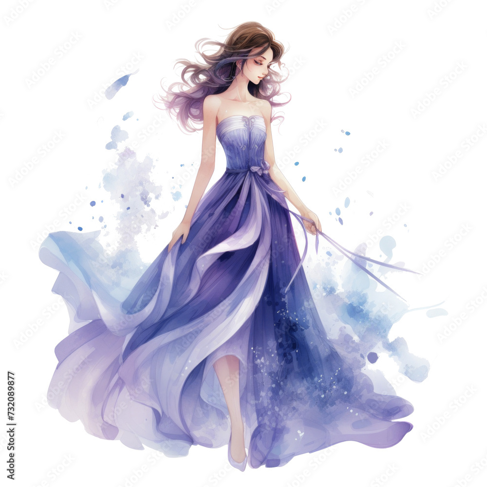 a cute girl in a long dress is wearing blue, isolated
