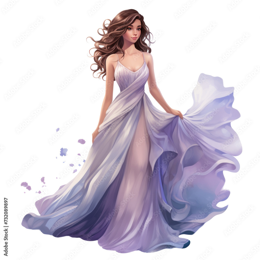 a cute girl in a long dress is wearing blue, isolated