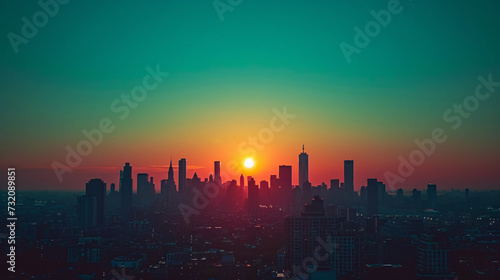 City skyline at sunset with warm orange and teal hues  ideal for travel or architecture backgrounds.