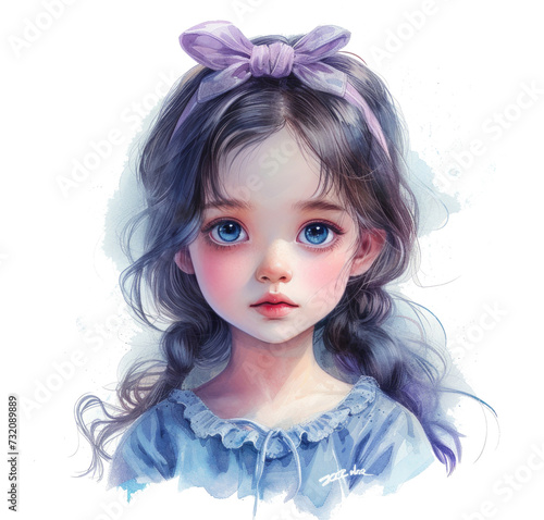 a child with long hair, blue eyes, and pink bow in blue watercolor isolated