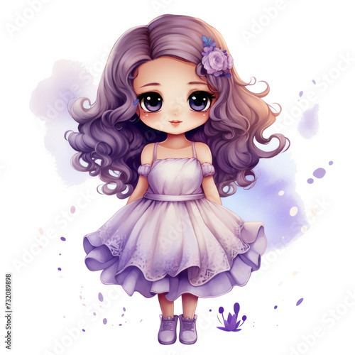 a kawaii girl in a dress with purple and blue isolated