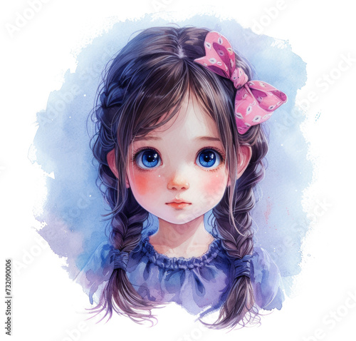 a child with long hair, blue eyes, and pink bow in blue watercolor isolated